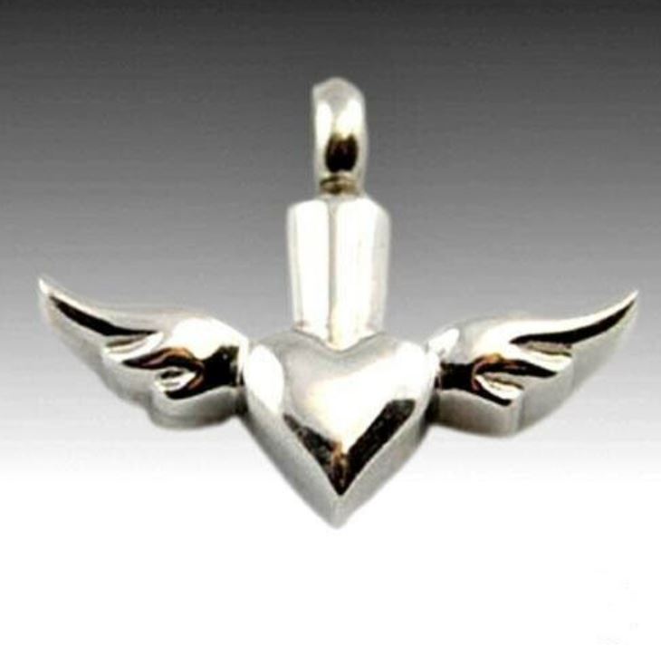 Flying Heart With Wings Stainless Steel Funeral Cremation Urn Pendant w/Chain