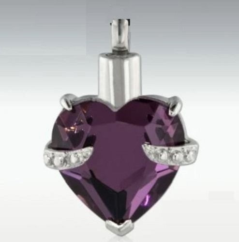Amethyst Stone in Heart Stainless Steel Funeral Cremation Urn Pendant w/Chain