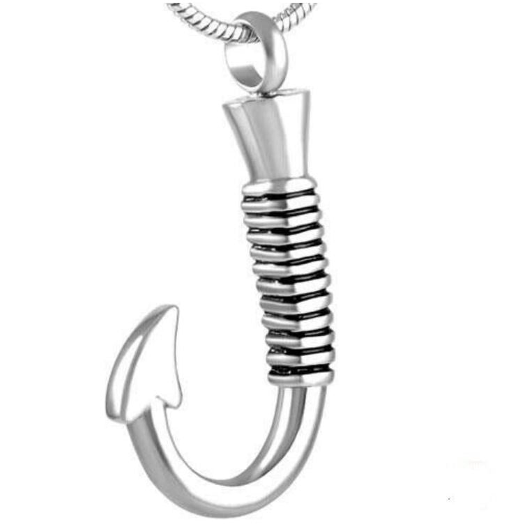Fish Hook Stainless Steel Funeral Cremation Urn Pendant w/Chain for Ashes