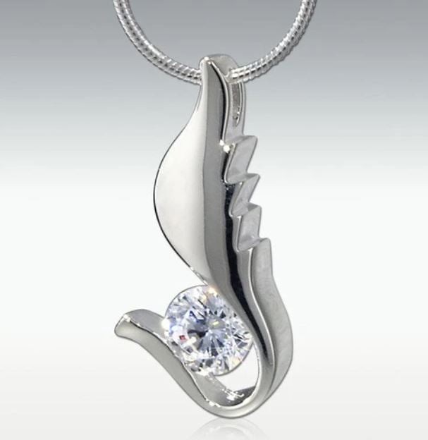 Diamond Wing Sterling Silver Funeral Cremation Urn Pendant w/Chain for Ashes