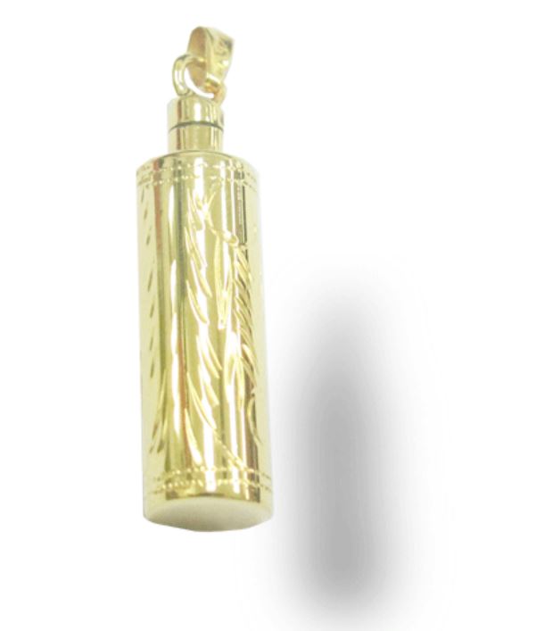 24k Gold Plated Sterling Silver Etched Cylinder Cremation Urn Pendant w/Chain