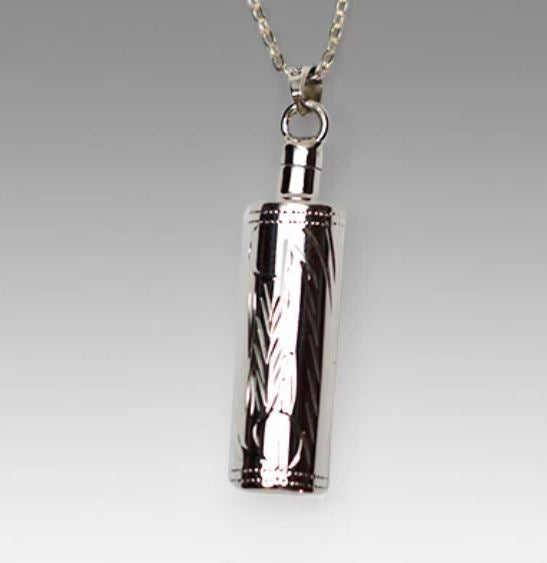 Sterling Silver Etched Cylinder Funeral Cremation Urn Pendant w/Chain for Ashes