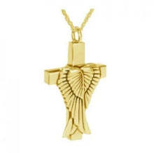 Load image into Gallery viewer, Wings on Cross 24k Gold Plated Sterling Silver Cremation Urn Pendant w/Chain
