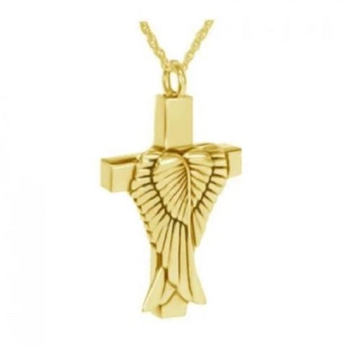 Wings on Cross 24k Gold Plated Sterling Silver Cremation Urn Pendant w/Chain