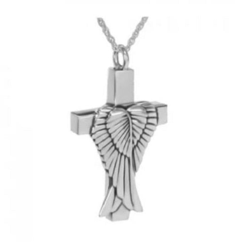 Wings on Cross Sterling Silver Funeral Cremation Urn Pendant w/Chain for Ashes