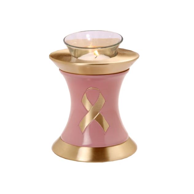 Small/Keepsake 20 Cubic Inch Brass Pink Ribbon Tealight Funeral Cremation Urn