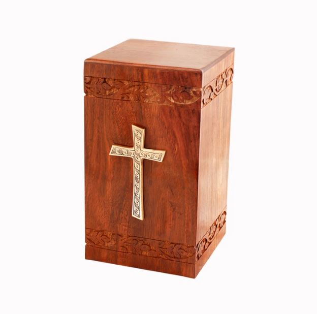 Large/Adult 200 Cubic Inch Rosewood Brass Cross Tower Funeral Cremation Urn