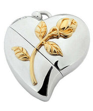 Load image into Gallery viewer, Heart Shaped w. Rose Design, USB Brass Funeral Cremation Urn Pendant Necklace
