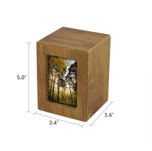Load image into Gallery viewer, Wood Petite/Keepsake 25 Cubic Inch Funeral Cremation Urn for Ashes with photo
