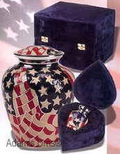Load image into Gallery viewer, Patriotic American Flag Color, Brass Funeral Cremation Urn Keepsake w. Heart Box
