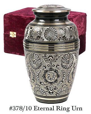 Black and Gold Color, Adult Brass Funeral Cremation Urn w. Box, 202 Cubic Inches