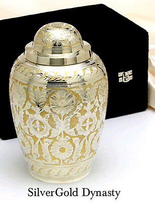 Large/Adult Silver/Gold Color Brass Funeral Cremation Urn W. Velvet Box