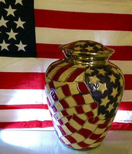 Load image into Gallery viewer, Patriotic American Flag Color, Brass Funeral Cremation Urn Keepsake w. Heart Box
