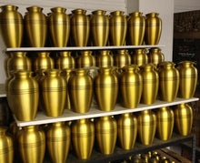 Load image into Gallery viewer, Adult Gold Colored, Brass Funeral Cremation Urn w. Box, Assorted Sizes Available
