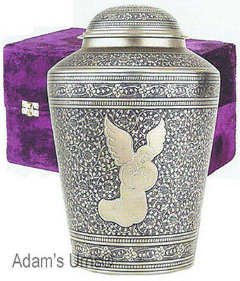 Adult Angel Theme Brass Funeral Cremation Urn with Velvet Box, 218 Cubic Inches