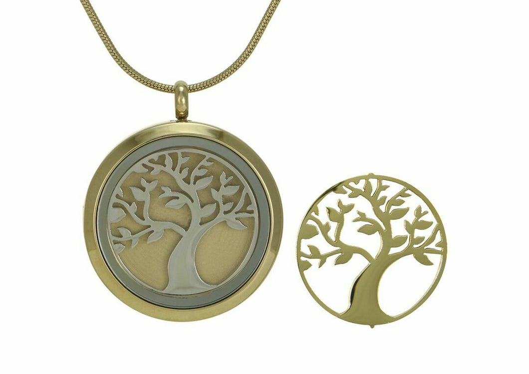 Stainless Steel/14k Gold Plated Bronze & Pewter Round Tree Pendant Cremation Urn